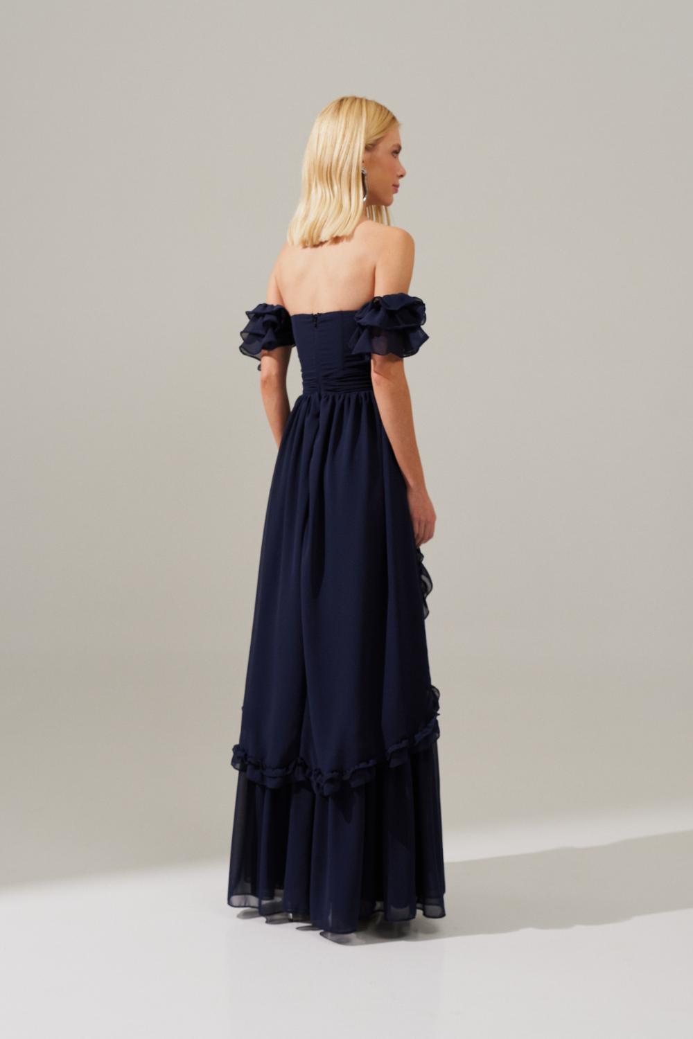 Vestido Longo de Chiffon com Decote em V e Mangas Ombro a Ombro de Babados, Saia Estilo Princesa com Recortes e Babados - Minsk Azul Marinho