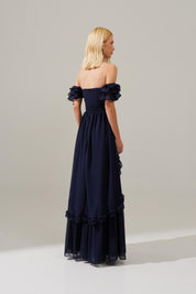 Vestido Longo de Chiffon com Decote em V e Mangas Ombro a Ombro de Babados, Saia Estilo Princesa com Recortes e Babados - Minsk Azul Marinho