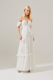 Vestido Longo de Chiffon com Decote em V e Mangas Ombro a Ombro de Babados, Saia Estilo Princesa com Recortes e Babados - Minsk Off White