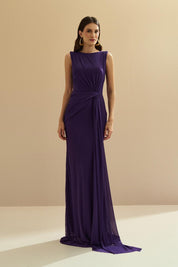 Vestido Longo de Tule com Decote Alto e Canoa, Shape Sereia e Detalhe Franzido com Cauda Frontal - Nalu Roxo