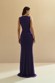 Vestido Longo de Tule com Decote Alto e Canoa, Shape Sereia e Detalhe Franzido com Cauda Frontal - Nalu Roxo