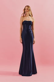 Vestido Longo sem Alça com Cintura Marcada e Saia Sereia - Coimbra Azul Marinho