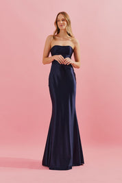 Vestido Longo sem Alça com Cintura Marcada e Saia Sereia - Coimbra Azul Marinho