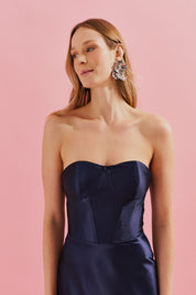 Vestido Longo sem Alça com Cintura Marcada e Saia Sereia - Coimbra Azul Marinho