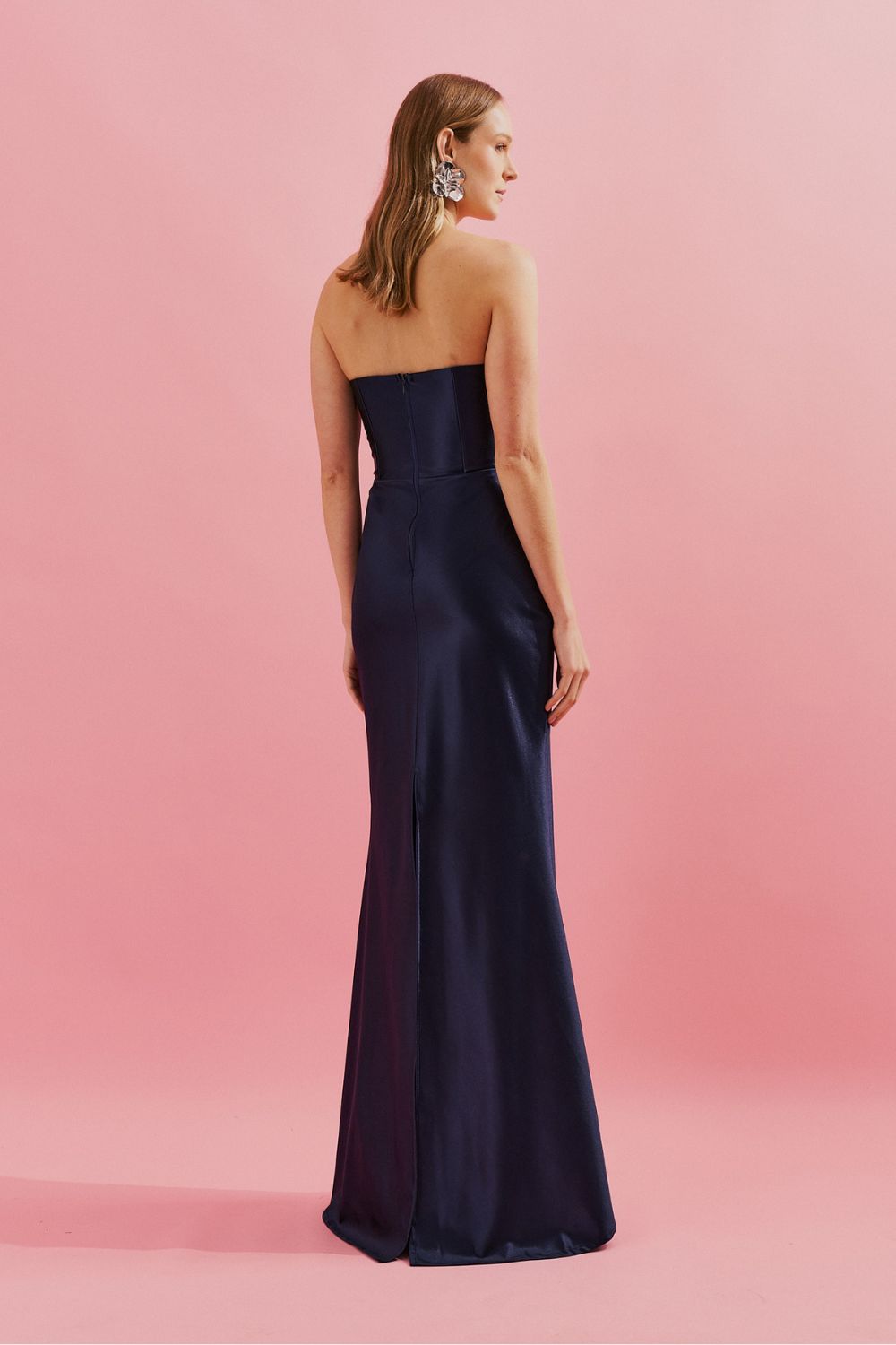 Vestido Longo sem Alça com Cintura Marcada e Saia Sereia - Coimbra Azul Marinho