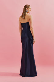 Vestido Longo sem Alça com Cintura Marcada e Saia Sereia - Coimbra Azul Marinho