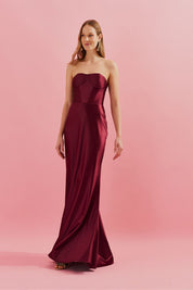 Vestido Longo sem Alça com Cintura Marcada e Saia Sereia - Coimbra Marsala