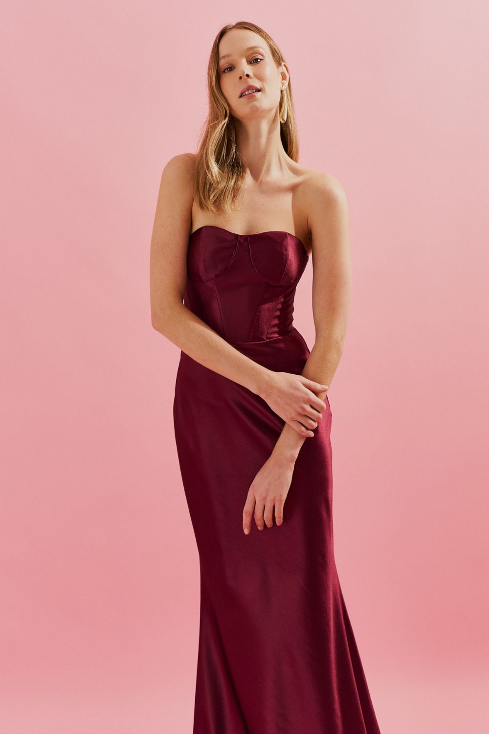 Vestido Longo sem Alça com Cintura Marcada e Saia Sereia - Coimbra Marsala