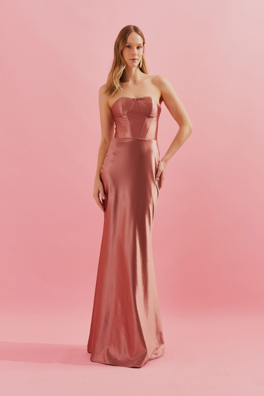 Vestido Longo sem Alça com Cintura Marcada e Saia Sereia - Coimbra Rose