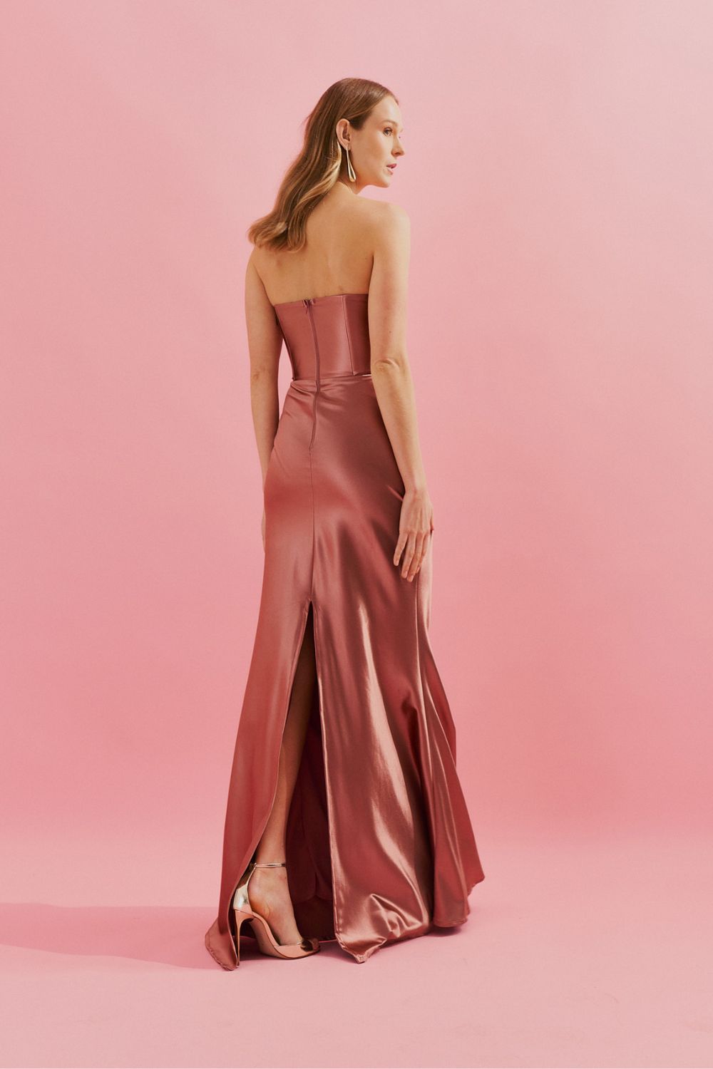 Vestido Longo sem Alça com Cintura Marcada e Saia Sereia - Coimbra Rose