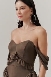 Vestido Longo Decote Coração com Recortes de Babado - Mendoza Mocha | Marrom