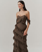 Vestido Longo Decote Coração com Recortes de Babado - Mendoza Mocha | Marrom