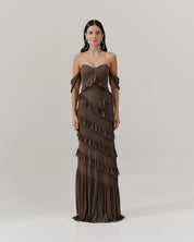 Vestido Longo Decote Coração com Recortes de Babado - Mendoza Mocha | Marrom