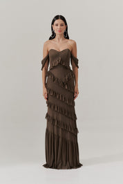 Vestido Longo Decote Coração com Recortes de Babado - Mendoza Mocha | Marrom