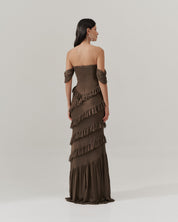 Vestido Longo Decote Coração com Recortes de Babado - Mendoza Mocha | Marrom