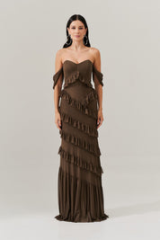 Vestido Longo Decote Coração com Recortes de Babado - Mendoza Mocha | Marrom
