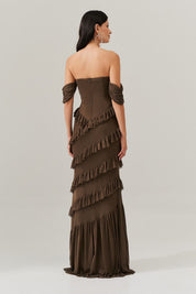 Vestido Longo Decote Coração com Recortes de Babado - Mendoza Mocha | Marrom