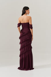 Vestido Longo Decote Coração com Recortes de Babado - Mendoza Marsala Escuro