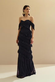 Vestido Longo Decote Coração com Recortes de Babado - Mendoza Marinho