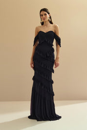 Vestido Longo Decote Coração com Recortes de Babado - Mendoza Marinho