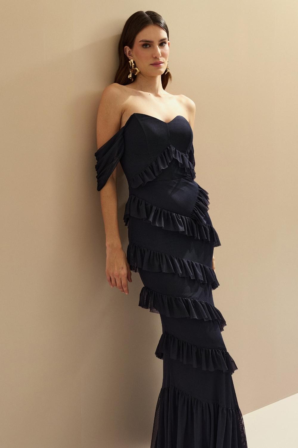 Vestido Longo Decote Coração com Recortes de Babado - Mendoza Marinho