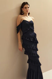 Vestido Longo Decote Coração com Recortes de Babado - Mendoza Marinho