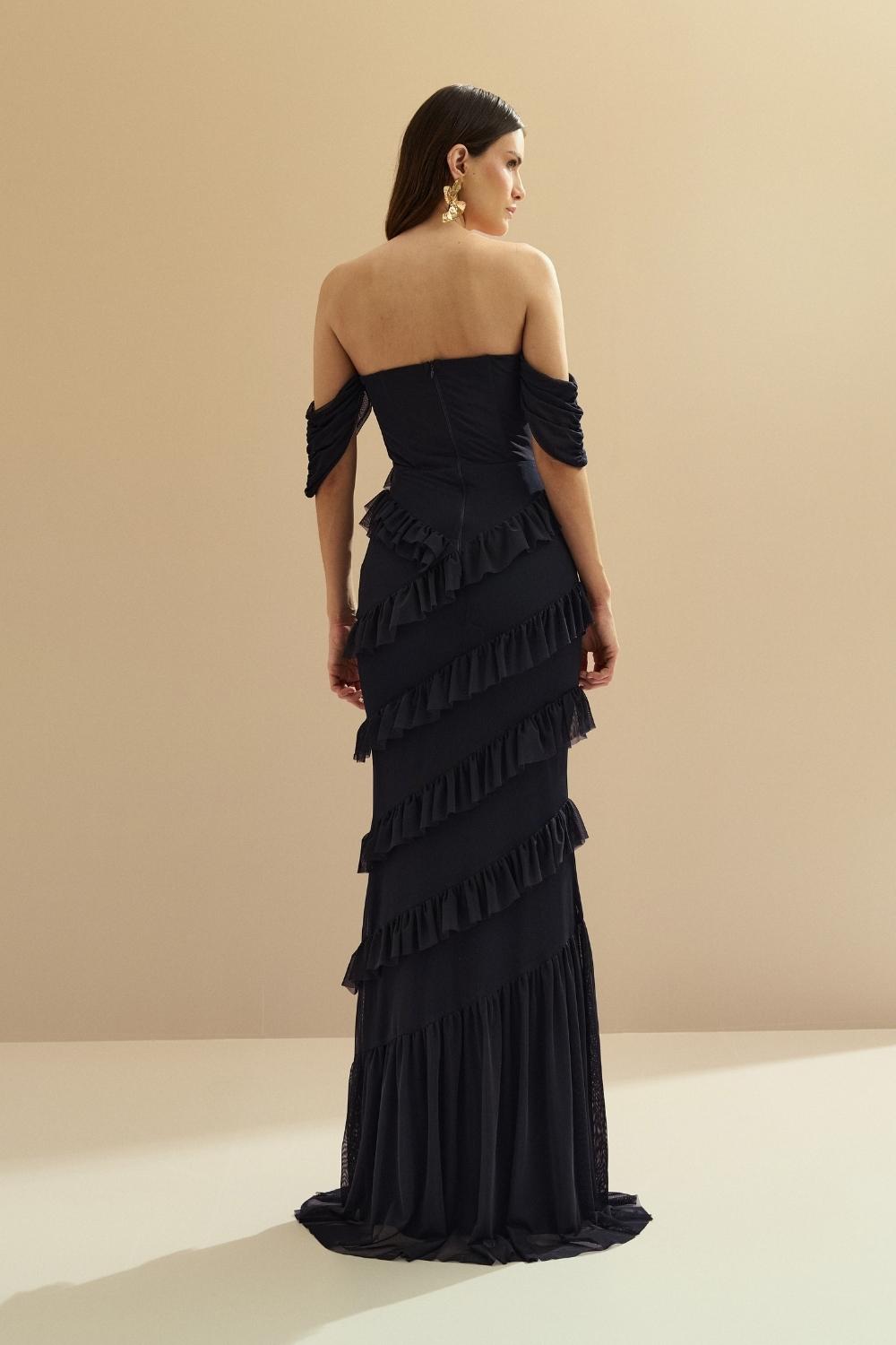 Vestido Longo Decote Coração com Recortes de Babado - Mendoza Marinho