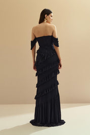 Vestido Longo Decote Coração com Recortes de Babado - Mendoza Marinho
