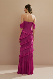 Vestido Longo em Tule com Decote Coração e Recortes de Babado - Mendoza Rosa Pink