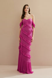 Vestido Longo em Tule com Decote Coração e Recortes de Babado - Mendoza Rosa Pink