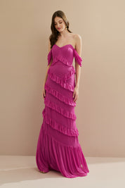 Vestido Longo em Tule com Decote Coração e Recortes de Babado - Mendoza Rosa Pink