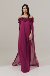 Vestido Longo Decote Ombro a Ombro com Capa - Porto Rico Fucsia