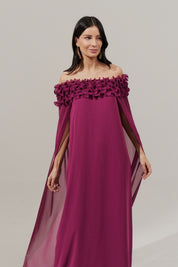 Vestido Longo Decote Ombro a Ombro com Capa - Porto Rico Fucsia