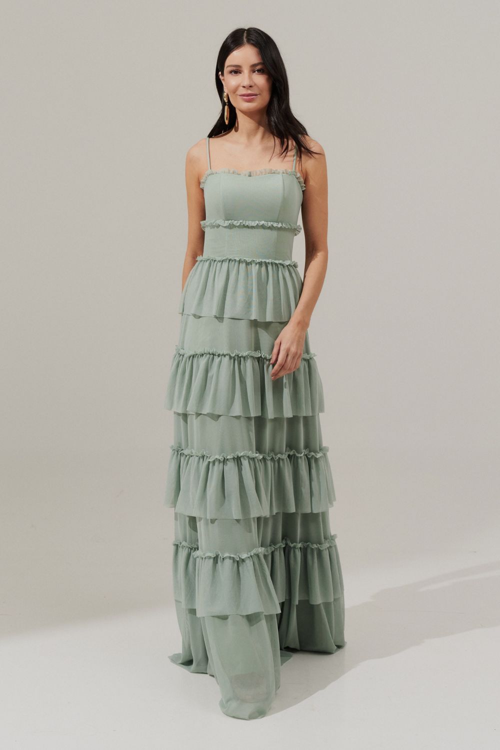 Vestido Longo Decote Reto com Recortes e Babados - Letônia Verde Menta