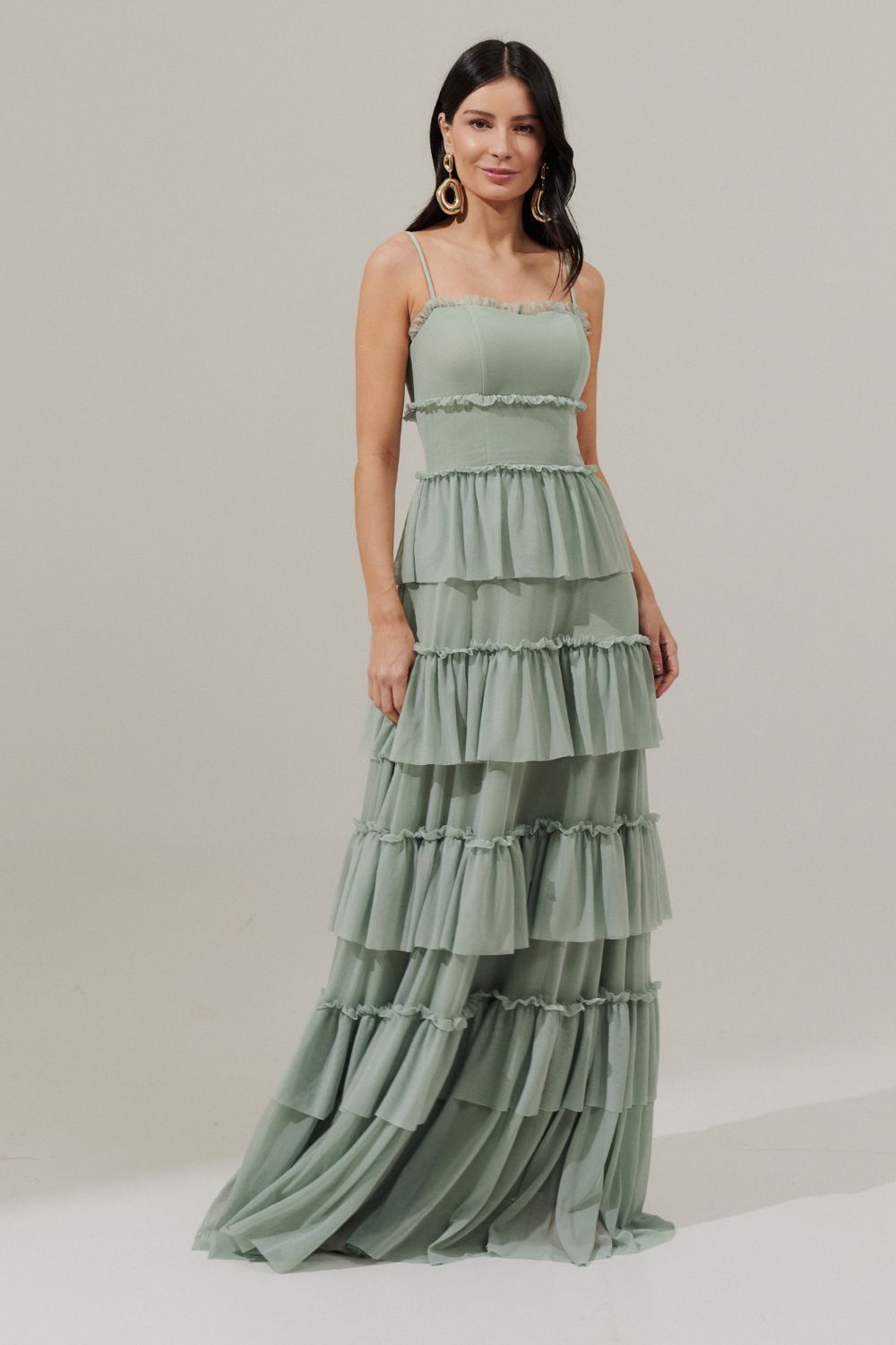 Vestido Longo Decote Reto com Recortes e Babados - Letônia Verde Menta