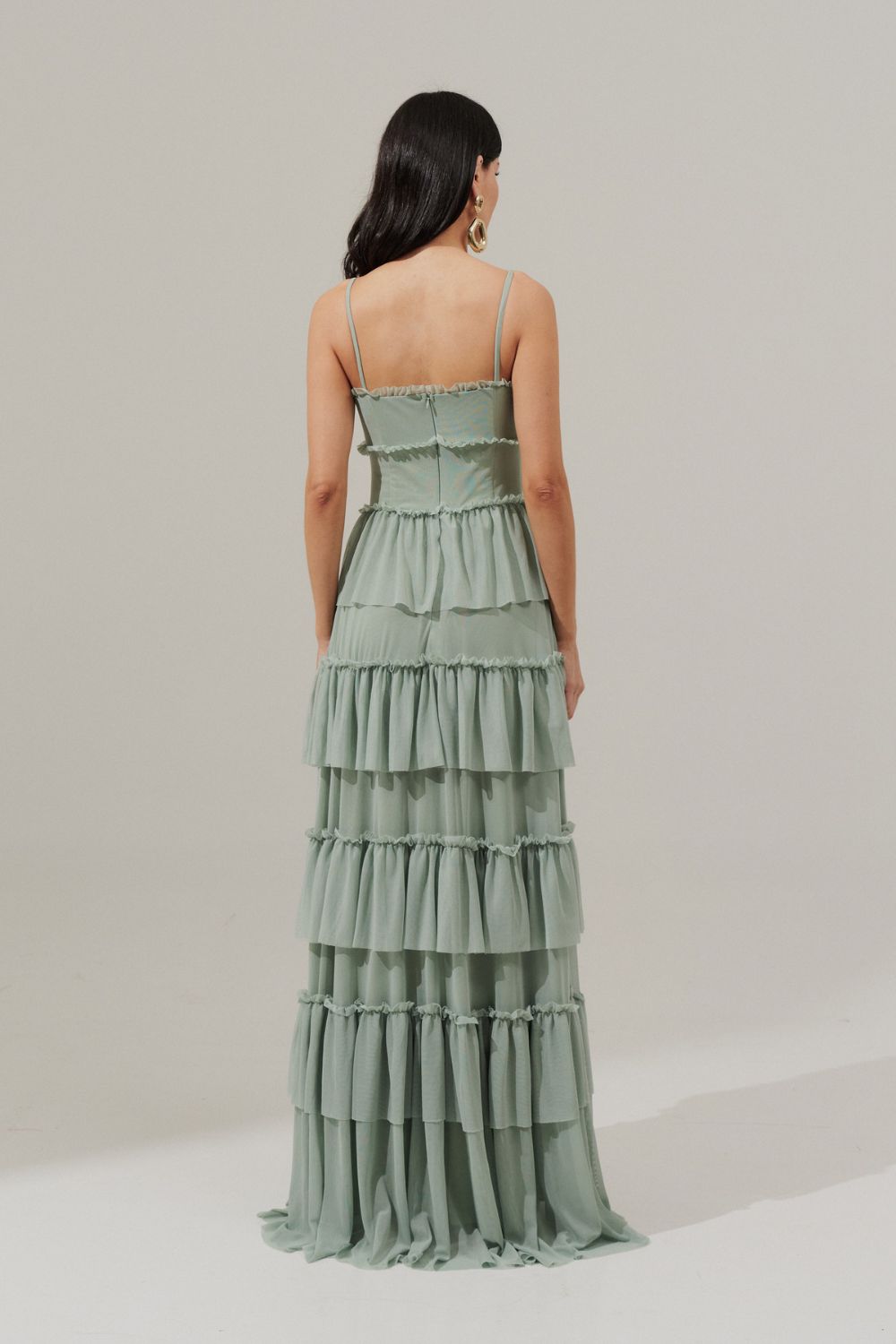 Vestido Longo Decote Reto com Recortes e Babados - Letônia Verde Menta