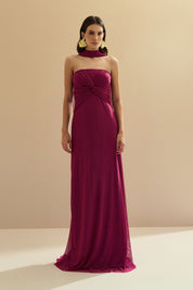 Vestido Longo Decote Reto com Torção e Echarpe - Fiora Fúcsia