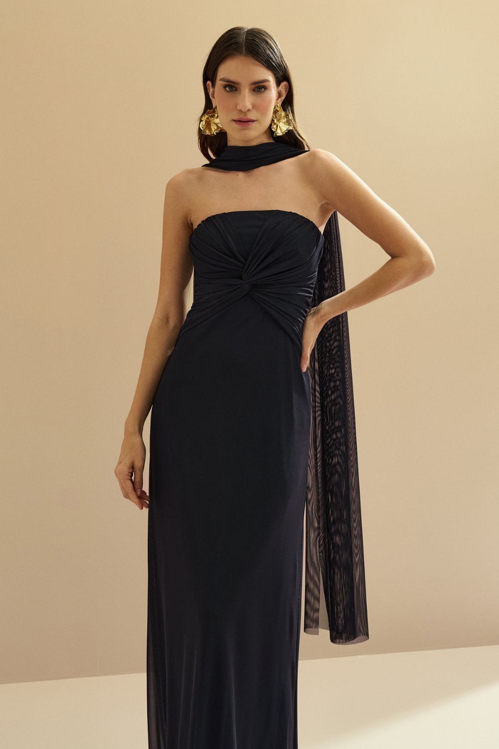 Vestido Longo Decote Reto com Torção e Echarpe - Fiora Azul Marinho
