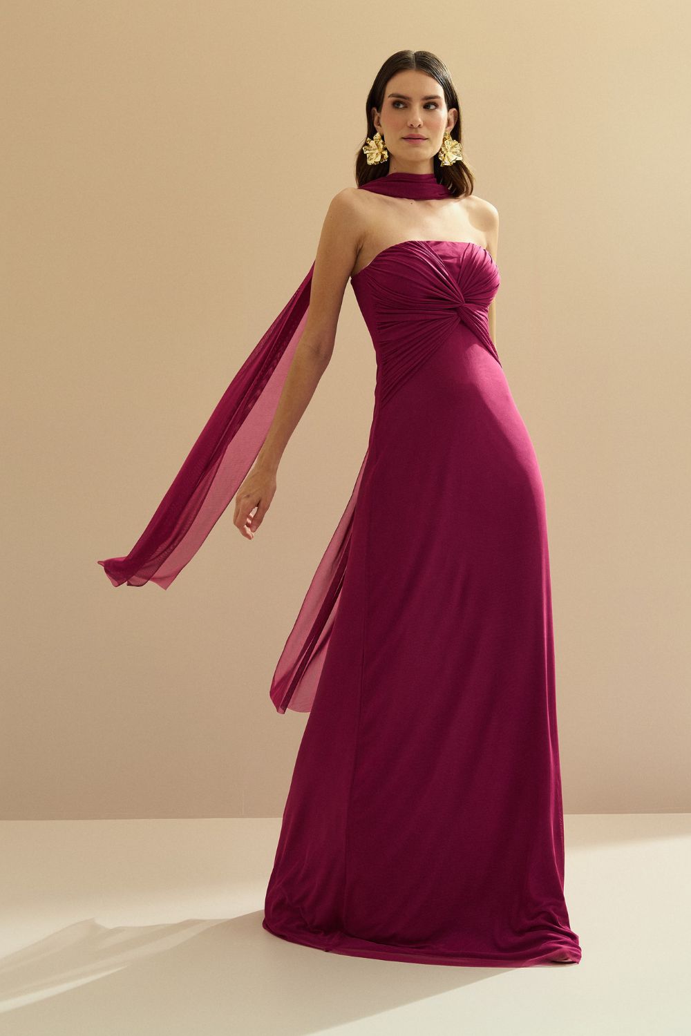 Vestido Longo Decote Reto com Torção e Echarpe - Fiora Fúcsia