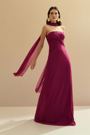 Vestido Longo Decote Reto com Torção e Echarpe - Fiora Fúcsia