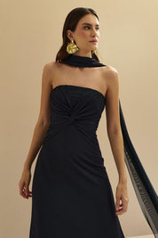 Vestido Longo Decote Reto com Torção e Echarpe - Fiora Azul Marinho
