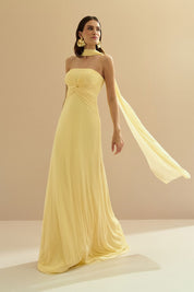 Vestido Longo Decote Reto com Torção e Echarpe - Fiora Amarelo