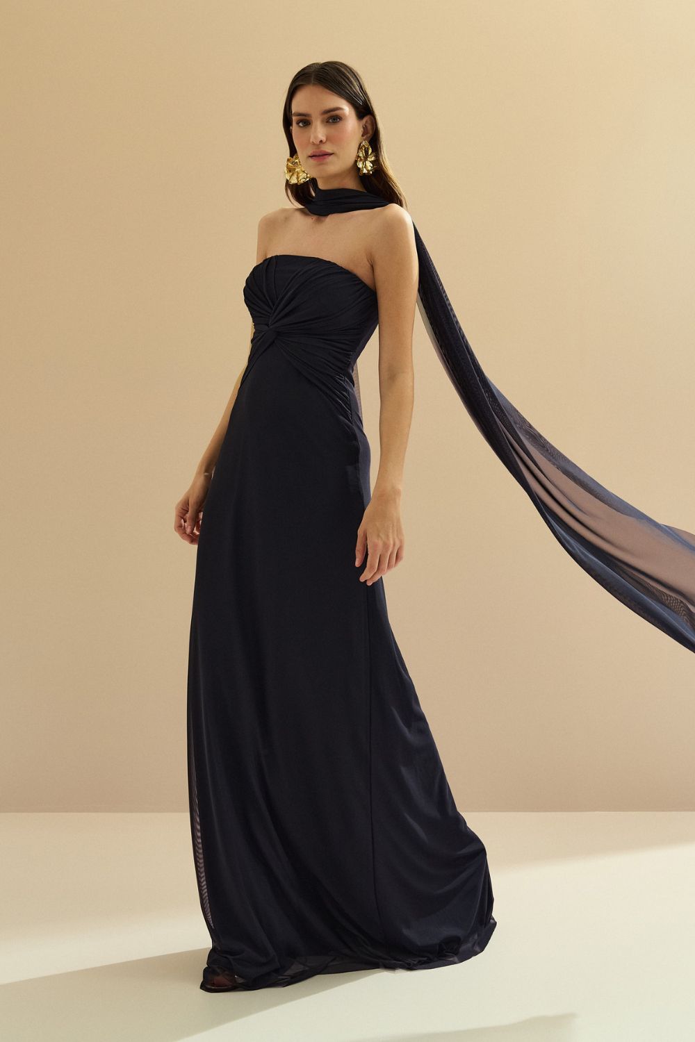 Vestido Longo Decote Reto com Torção e Echarpe - Fiora Azul Marinho