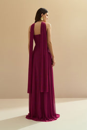 Vestido Longo Decote Reto com Torção e Echarpe - Fiora Fúcsia