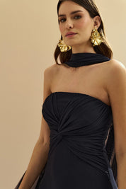 Vestido Longo Decote Reto com Torção e Echarpe - Fiora Azul Marinho