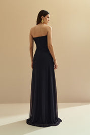 Vestido Longo Decote Reto com Torção e Echarpe - Fiora Azul Marinho