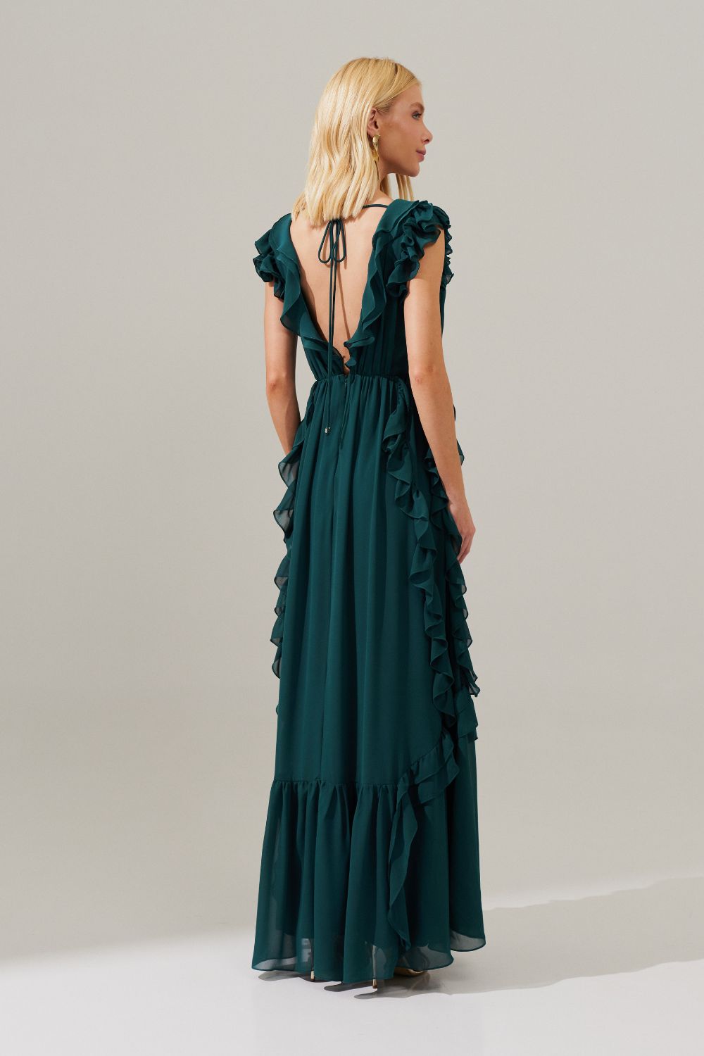 Vestido Longo Decote V com Babados no Decote, Manga e Saia - Bruma Petróleo