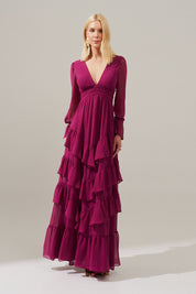 Vestido Longo Decote V com Franzidos e Saia de Babados - Braga Fúcsia