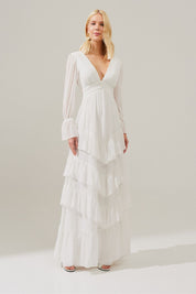 Vestido Longo Decote V com Franzidos e Saia de Babados - Braga Off White