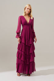 Vestido Longo Decote V com Franzidos e Saia de Babados - Braga Fúcsia